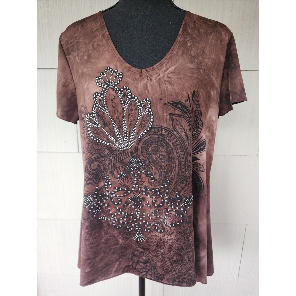 Shannon Ford Petite Embellished Rhinestones Short Sleeve Top Women's Size Large